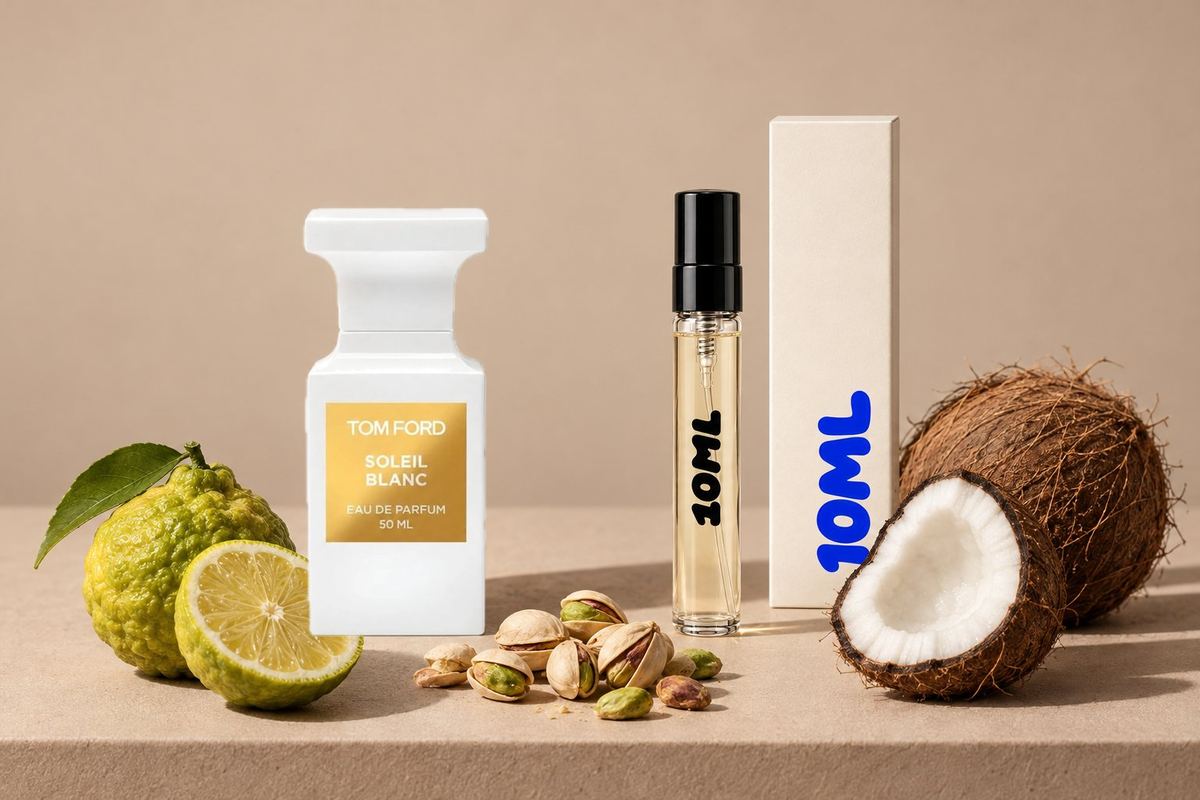 Soleil Blanc van Tom Ford naast een 10ML-decant, met pistache, bergamot en kokos, de belangrijkste geurnoten