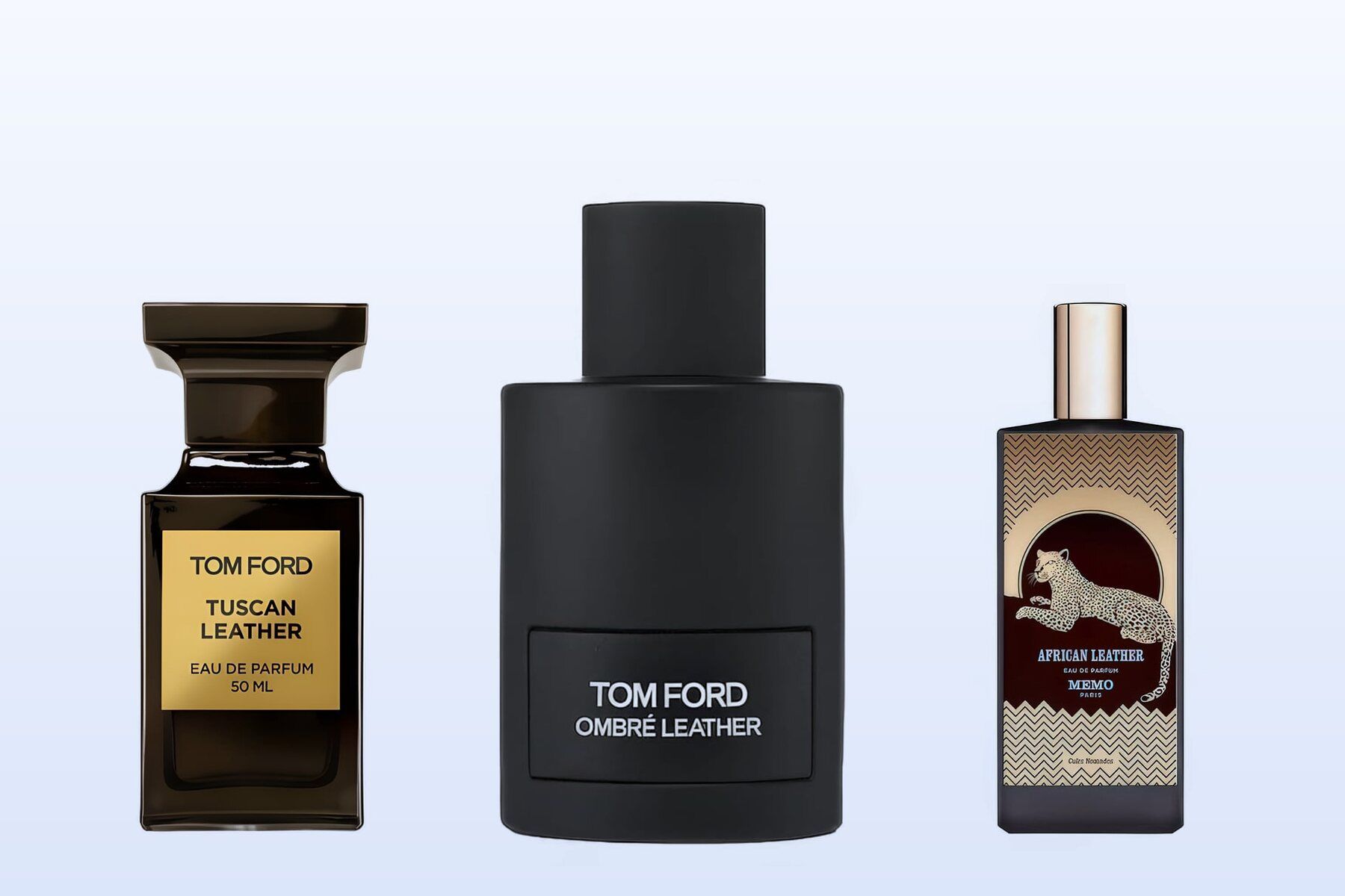 Drei Flakons vor hellblauem Hintergrund: Tuscan Leather, Ombre Leather und African Leather