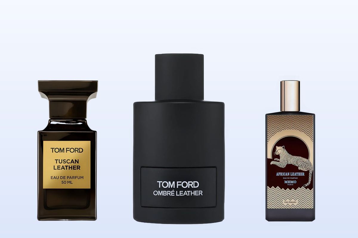 Drei Flakons vor hellblauem Hintergrund: Tuscan Leather, Ombre Leather und African Leather