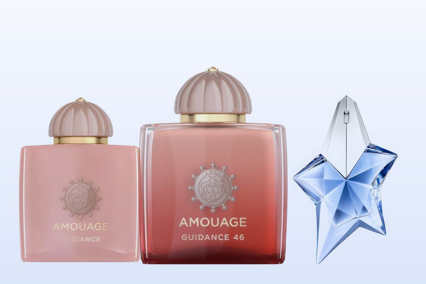 Three fragrance bottles, Guidance, Guidance 46 and Angel, on a pale blue background