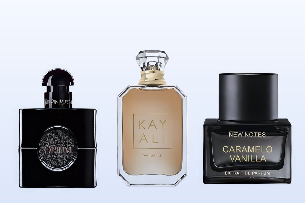 Tre flaconi su uno sfondo azzurro pallido: Black Opium Le Parfum, Vanilla | 28 di Kayali e Caramelo Vanilla