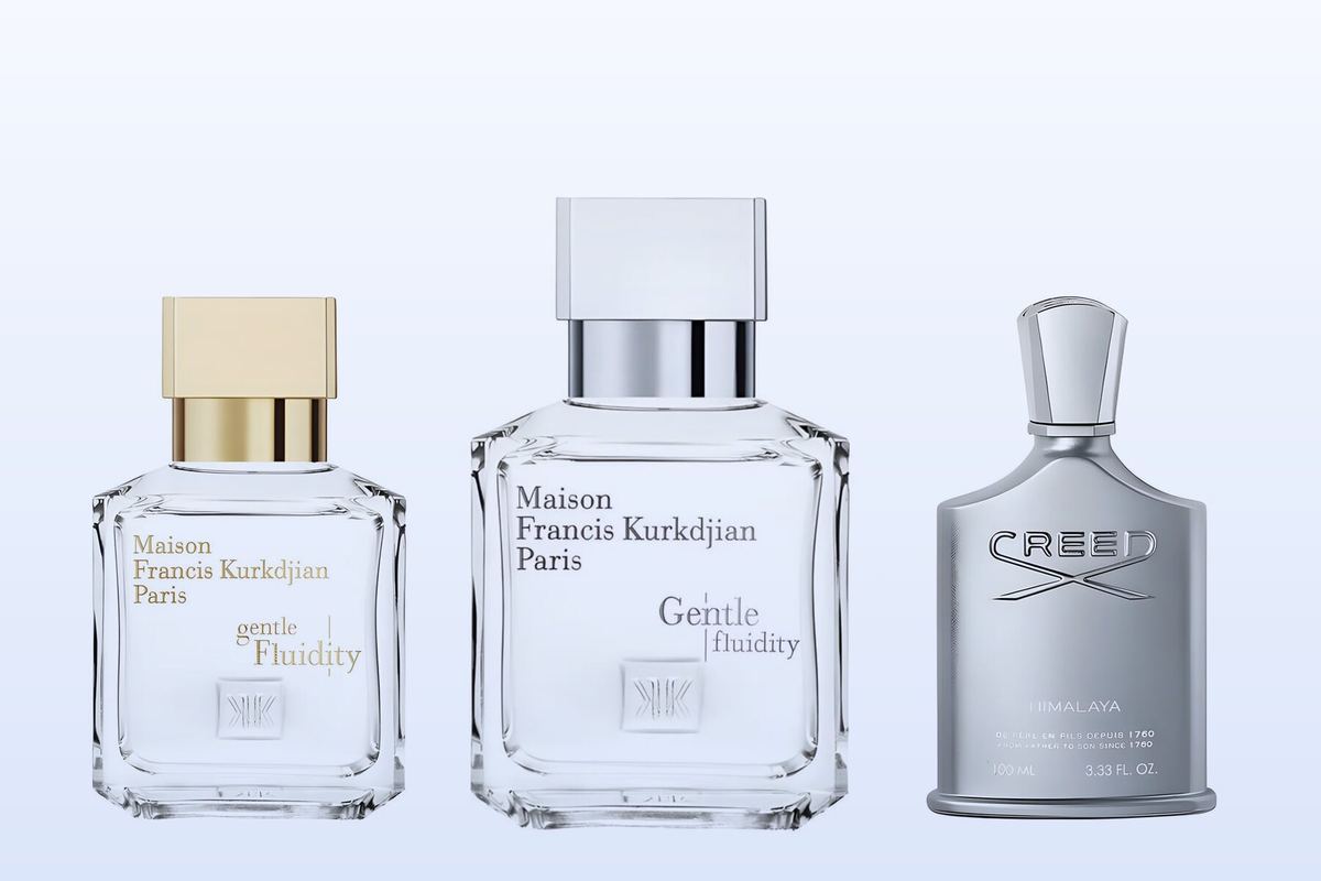 Three bottles on a pale blue background, Gentle Fluidity Gold, Gentle Fluidity Silver and Himalaya