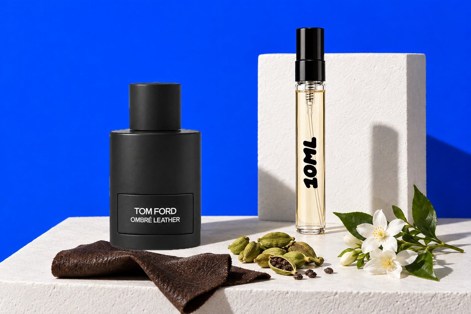 Ombré Leather by Tom Ford next to a 10ML decant, with leather, cardamom and jasmine, its key notes