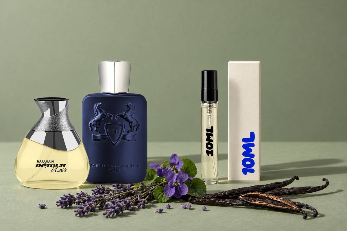 Layton van Parfums de Marly naast een 10ML-decant, met lavendel, viooltje en vanille, de belangrijkste noten