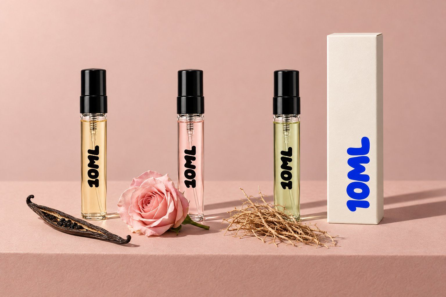 Drie 10ML-decants van 3ml met een vanillestokje, een lichtroze roos en gedroogde vetiverwortels, de noten van de Juliette Has a Gun-parfums
