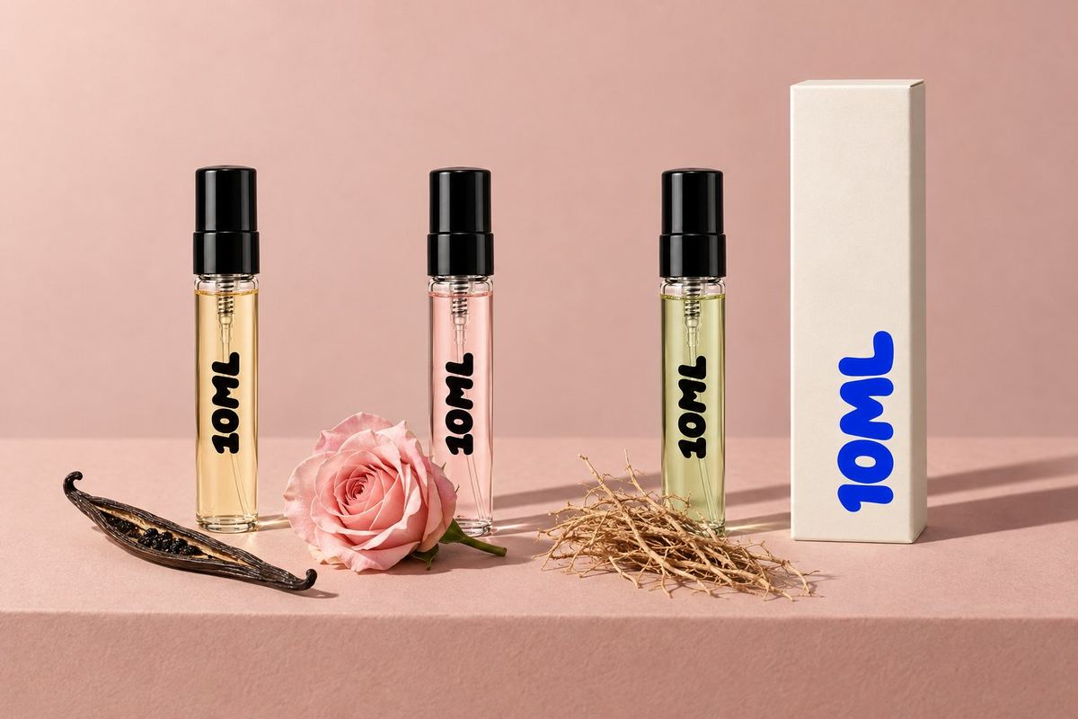 Drie 10ML-decants van 3ml met een vanillestokje, een lichtroze roos en gedroogde vetiverwortels, de noten van de Juliette Has a Gun-parfums
