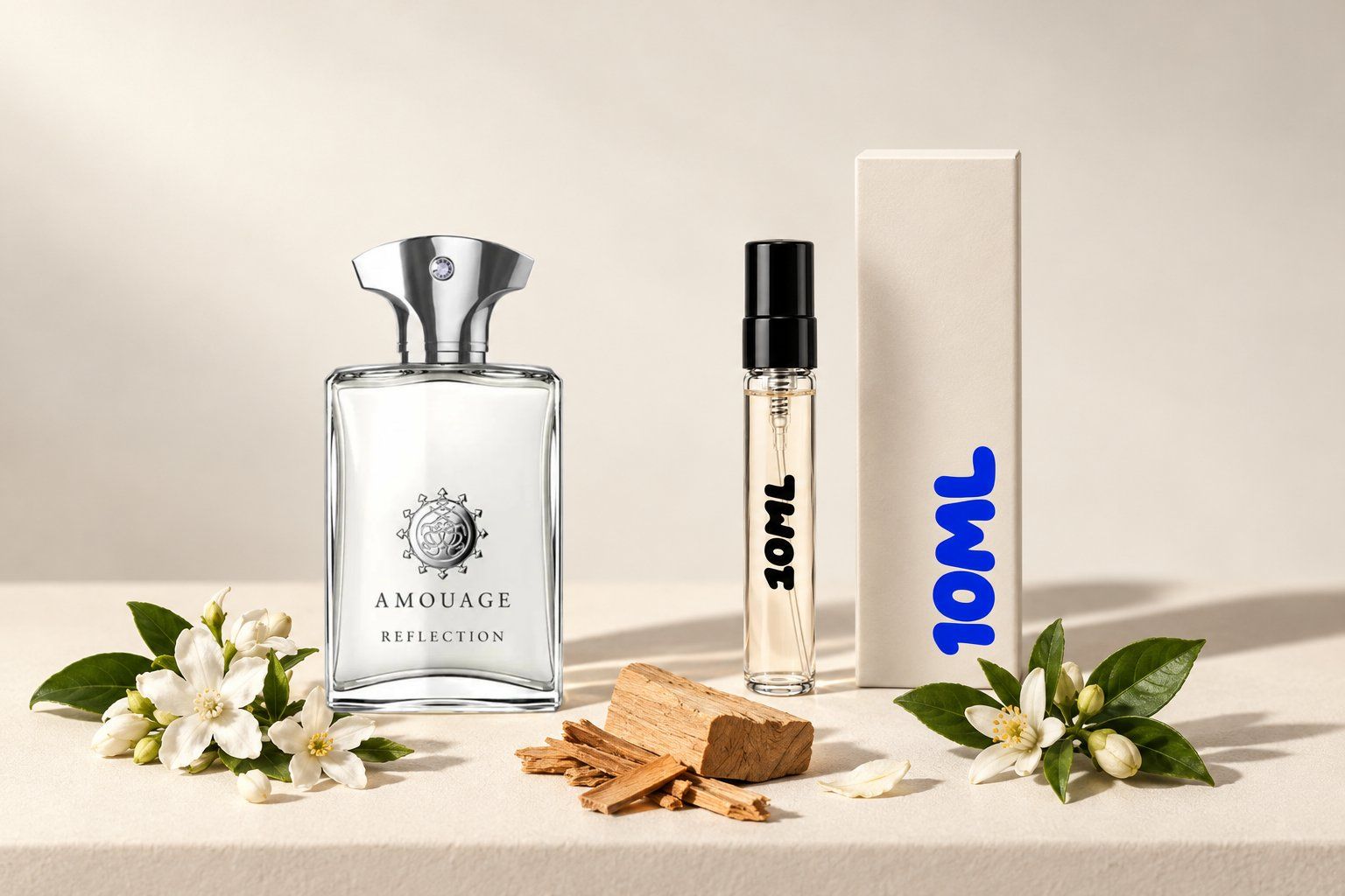 Reflection Man by Amouage next to a 10ML decant, with jasmine, sandalwood and neroli, its key notes