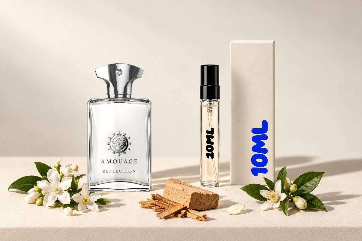 Reflection Man by Amouage next to a 10ML decant, with jasmine, sandalwood and neroli, its key notes