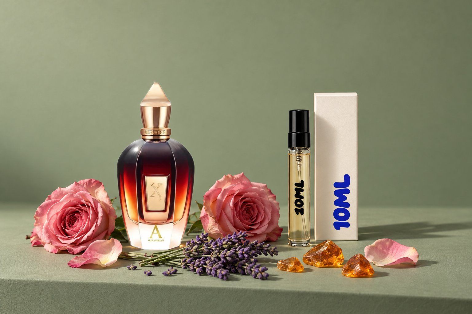 Alexandria II by Xerjoff next to a 10ML decant, with lavender, rose and amber, its key notes