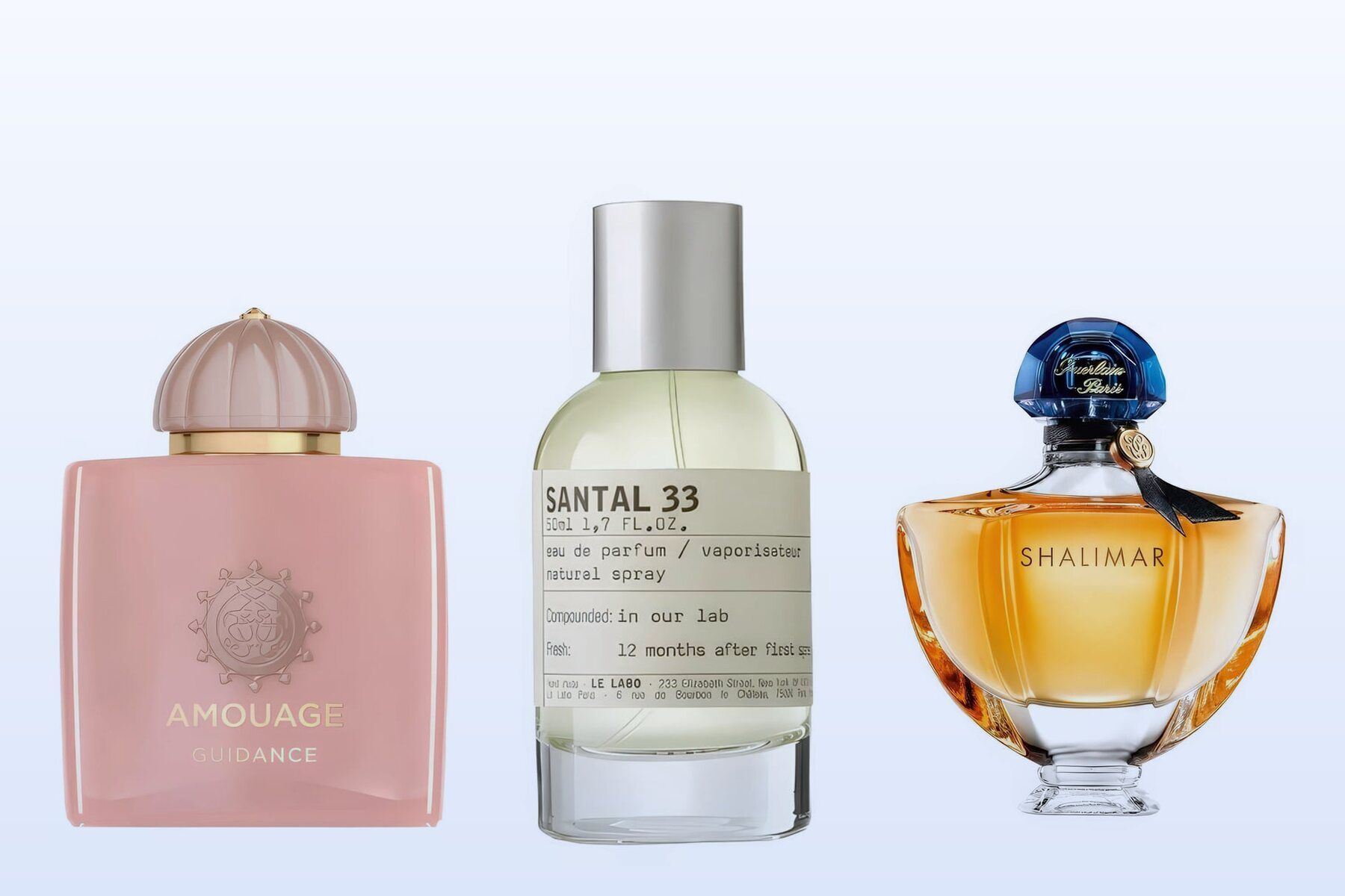 Tre flaconi di profumo, Guidance, Santal 33 e Shalimar Eau de Parfum, su sfondo azzurro chiaro