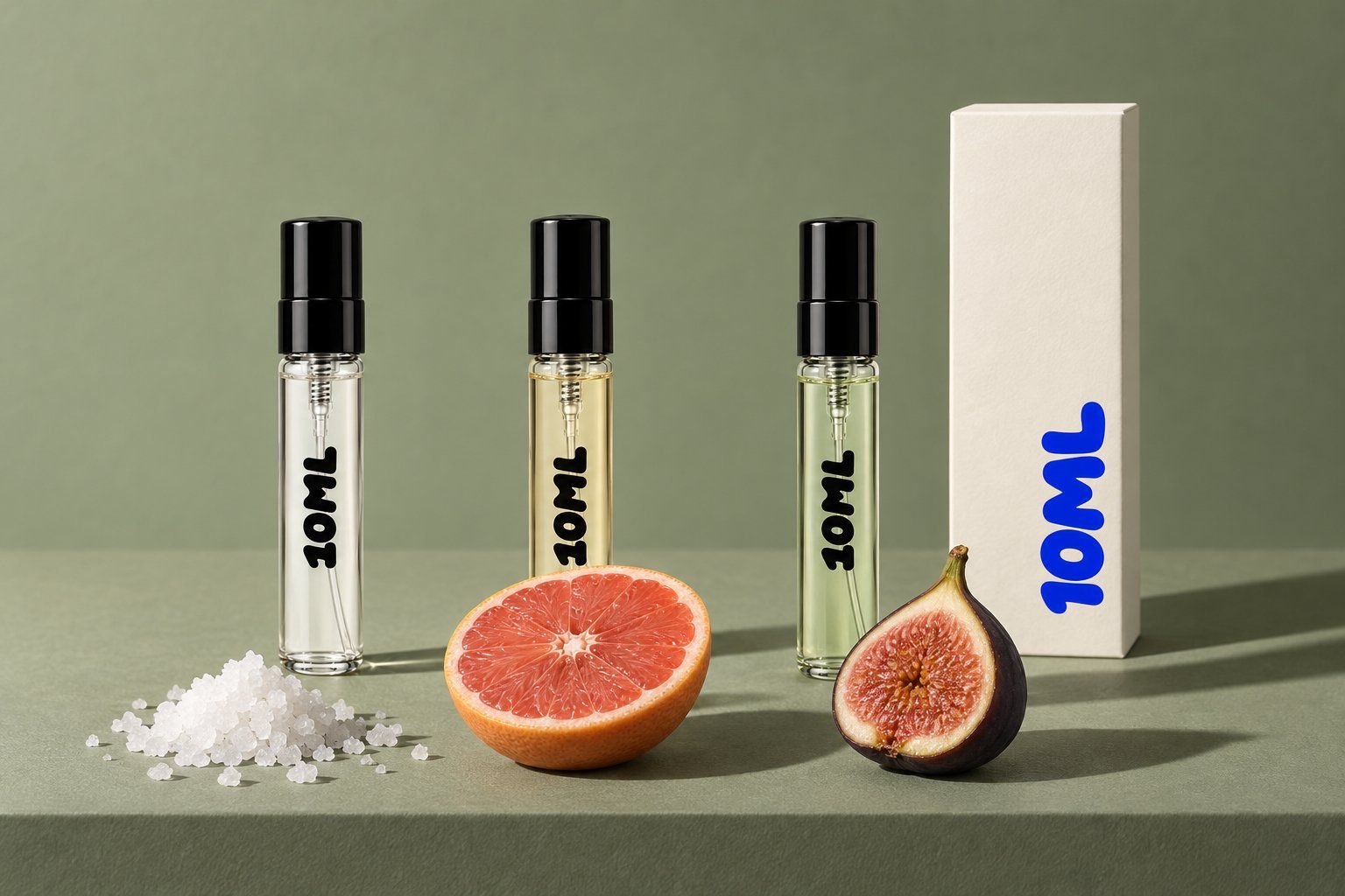 Drei 10ML-Abfüllungen von Sommerparfums mit salzigen, zitrischen und Feigennoten, Meersalzkristallen, einer halbierten Grapefruit und einer halbierten Feige
