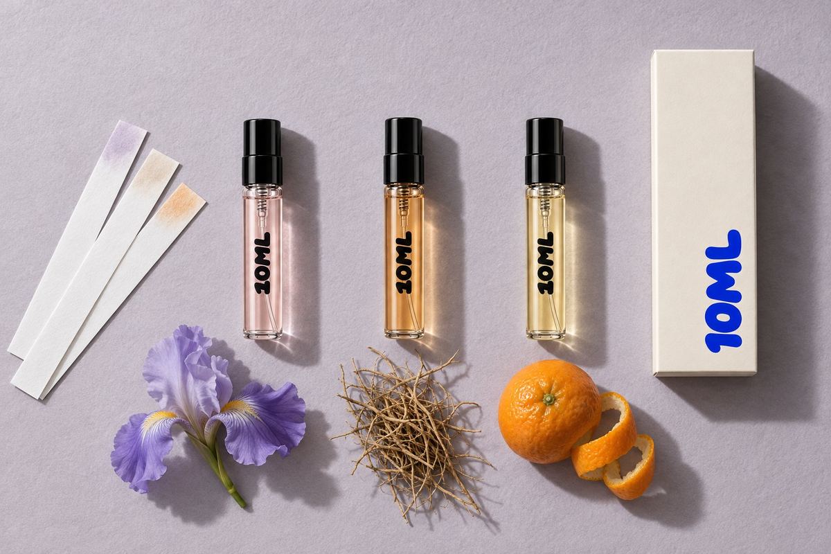 Τρία decant 10ML των 3ml με πουδράτα, γήινα και φωτεινά αρώματα εσπεριδοειδών, με ένα λουλούδι ίριδας, ρίζες βετιβέρ και ένα μανταρίνι