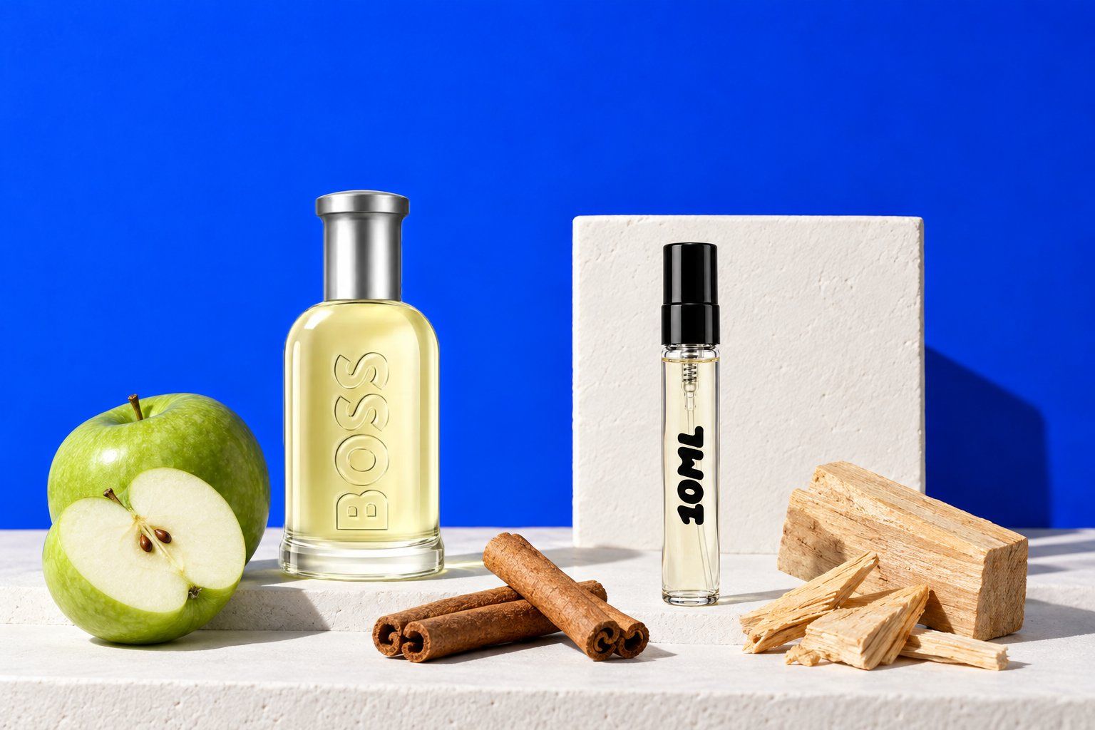 Boss Bottled von Hugo Boss neben einer 10ML-Abfüllung, mit Zimt, Apfel und Sandelholz, seinen Schlüsselnoten