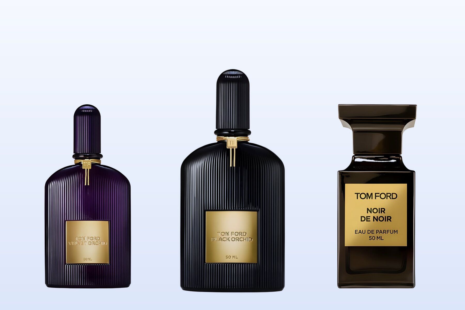 Three bottles, Velvet Orchid, Black Orchid and Noir de Noir, on a pale blue background
