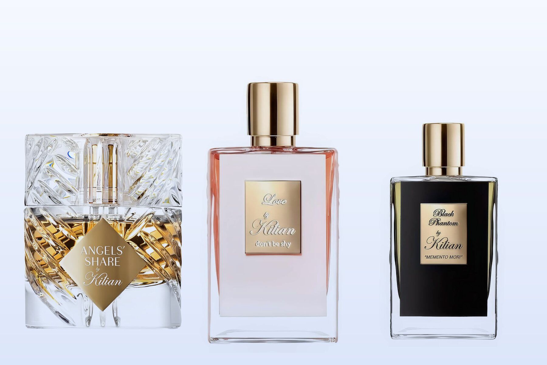 Three Kilian bottles, Angels' Share, Love Don't Be Shy and Black Phantom, on a pale blue background