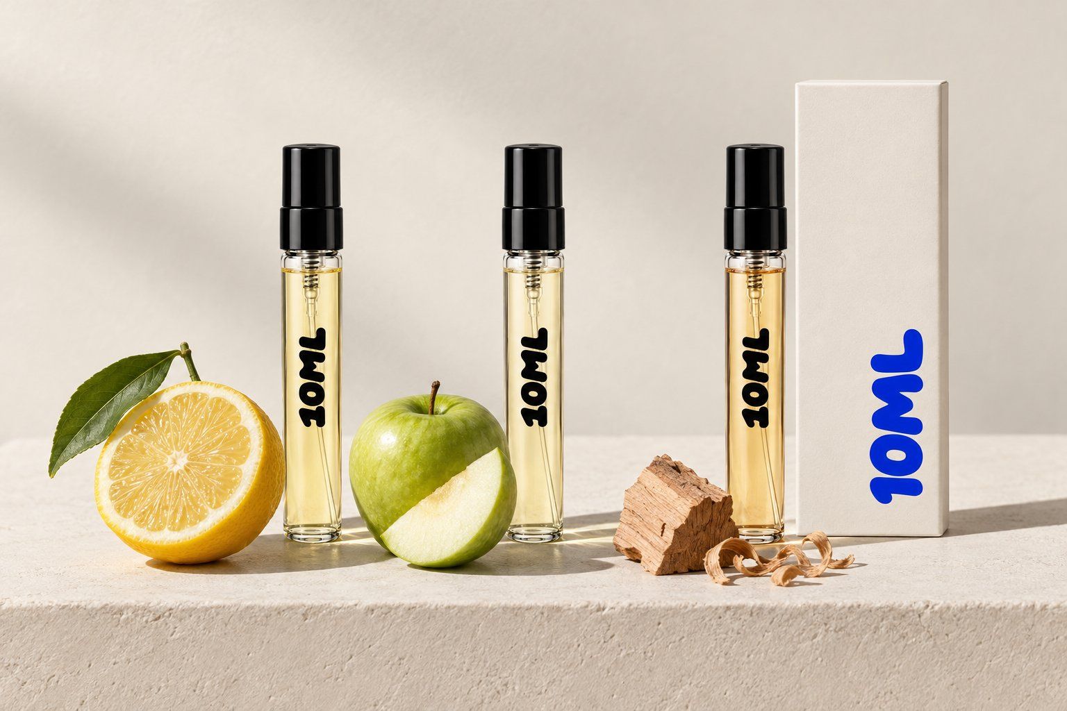 Three 10ML 3ml decants beside a halved lemon, a green apple and cedar shavings, the notes of Dolce & Gabbana Light Blue and the two Light Blue Capri In Love perfumes