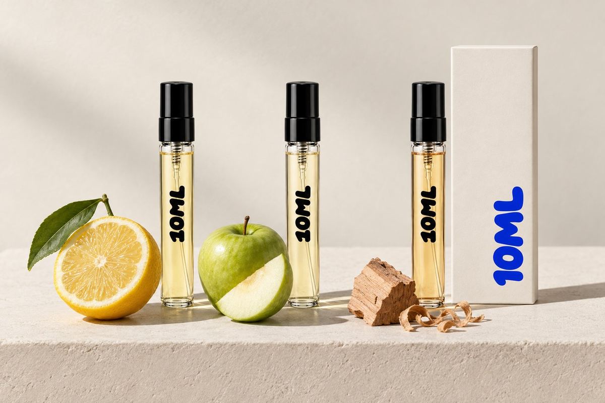 Three 10ML 3ml decants beside a halved lemon, a green apple and cedar shavings, the notes of Dolce & Gabbana Light Blue and the two Light Blue Capri In Love perfumes
