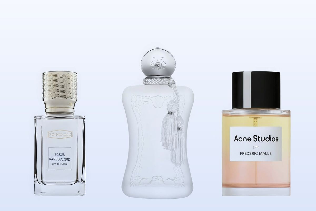 Three bottles on a pale blue background: Fleur Narcotique, Valaya and Acne Studios