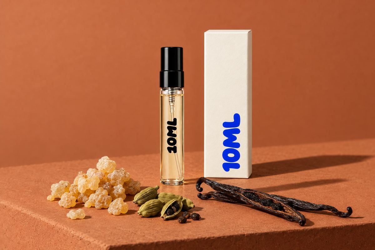 Un decant de 10ML de Decision de Amouage con incienso, cardamomo y vainilla, sus notas principales