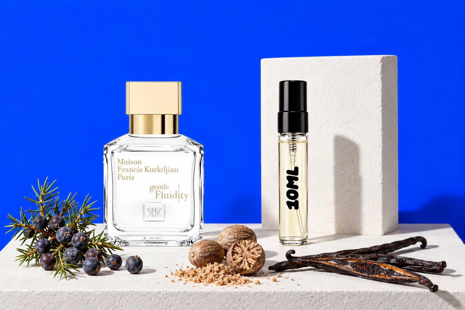 Gentle Fluidity Gold van Maison Francis Kurkdjian naast een 10ML-decant, met jeneverbessen, nootmuskaat en vanille, de belangrijkste geurnoten