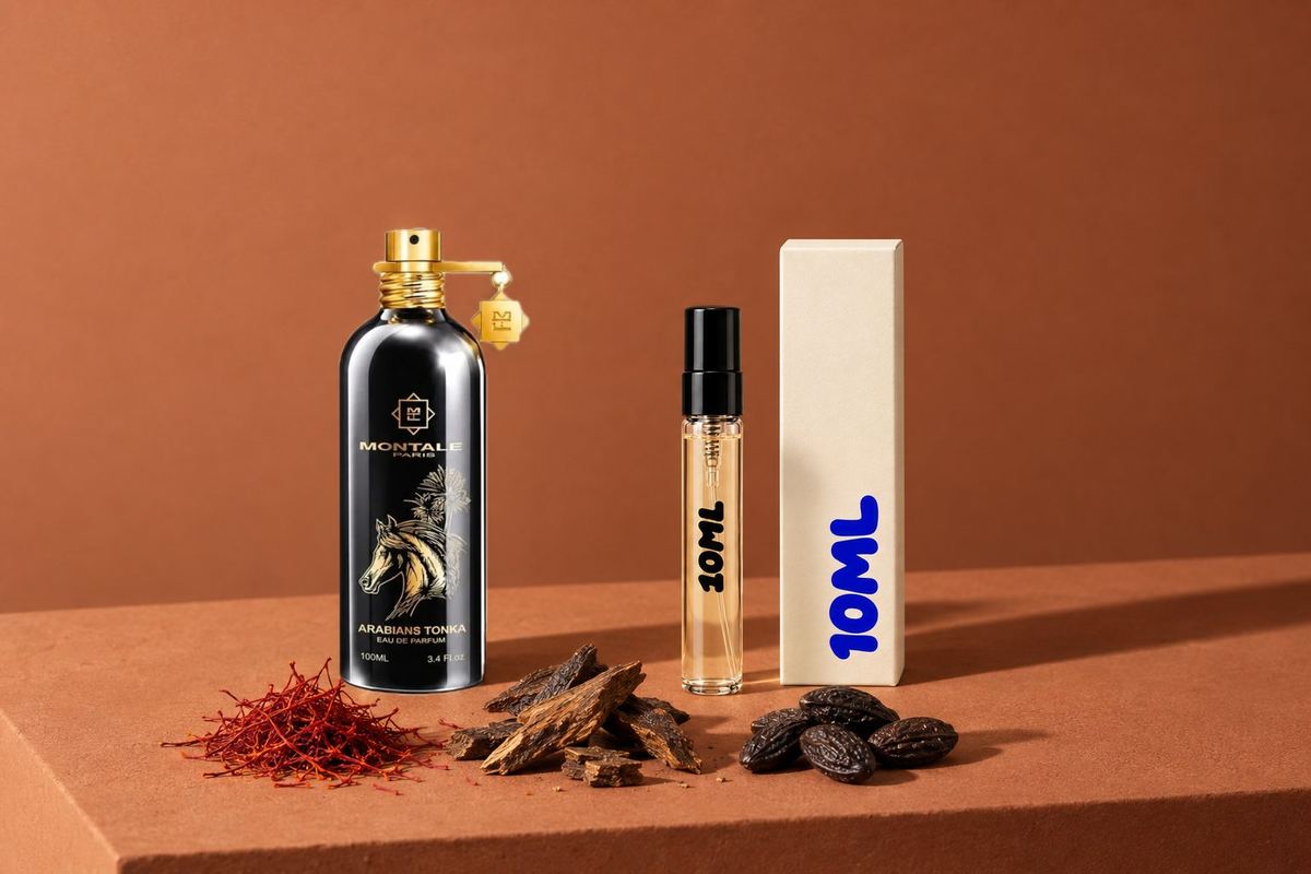 Crazy In Love, Arabians Tonka en Instant Crush, drie flacons op een lichtblauwe achtergrond