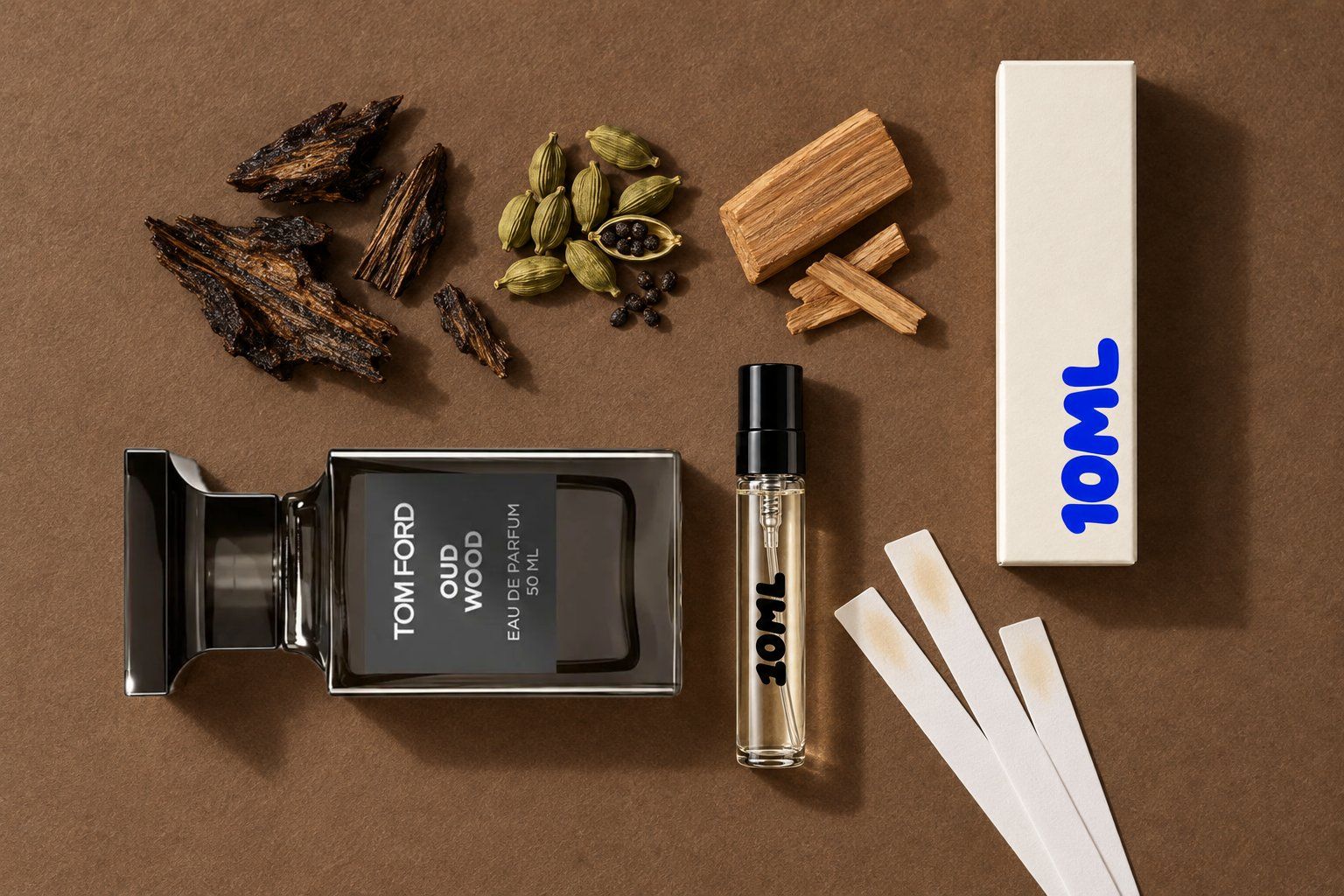Oud Wood by Tom Ford next to a 10ML decant, with oud, cardamom and sandalwood, its key notes