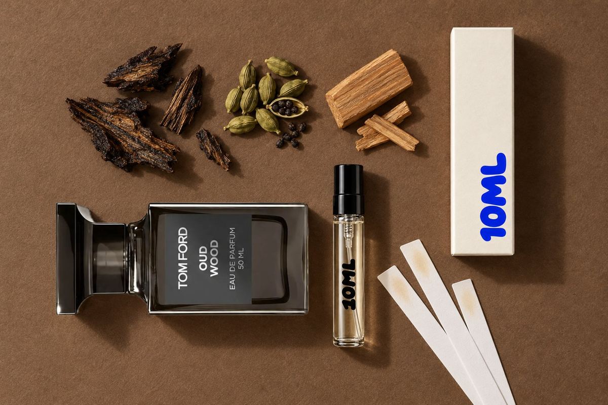 Oud Wood by Tom Ford next to a 10ML decant, with oud, cardamom and sandalwood, its key notes