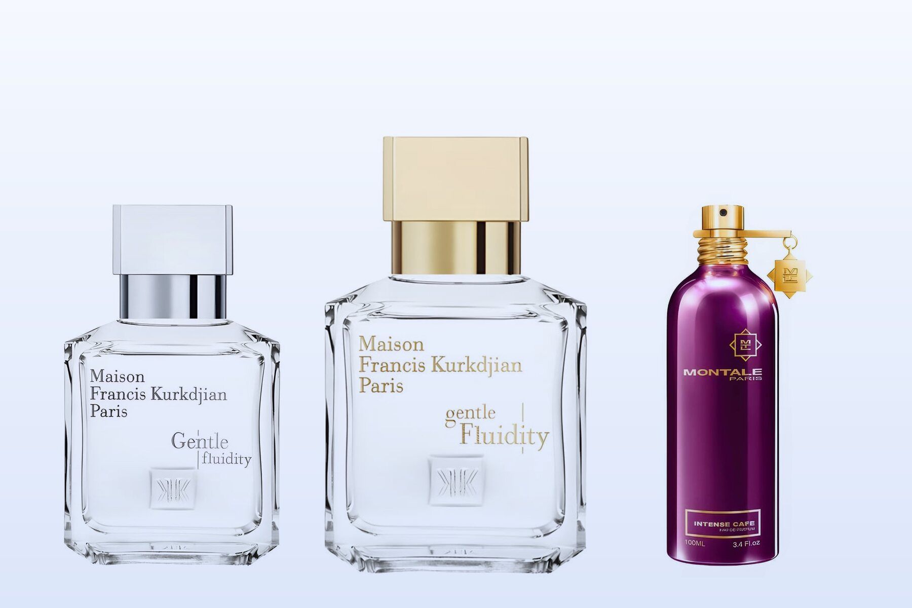 Three bottles on a pale blue background, Gentle Fluidity Silver, Gentle Fluidity Gold and Intense Cafe