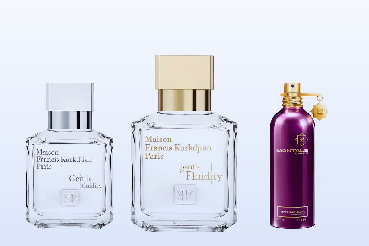 Three bottles on a pale blue background, Gentle Fluidity Silver, Gentle Fluidity Gold and Intense Cafe