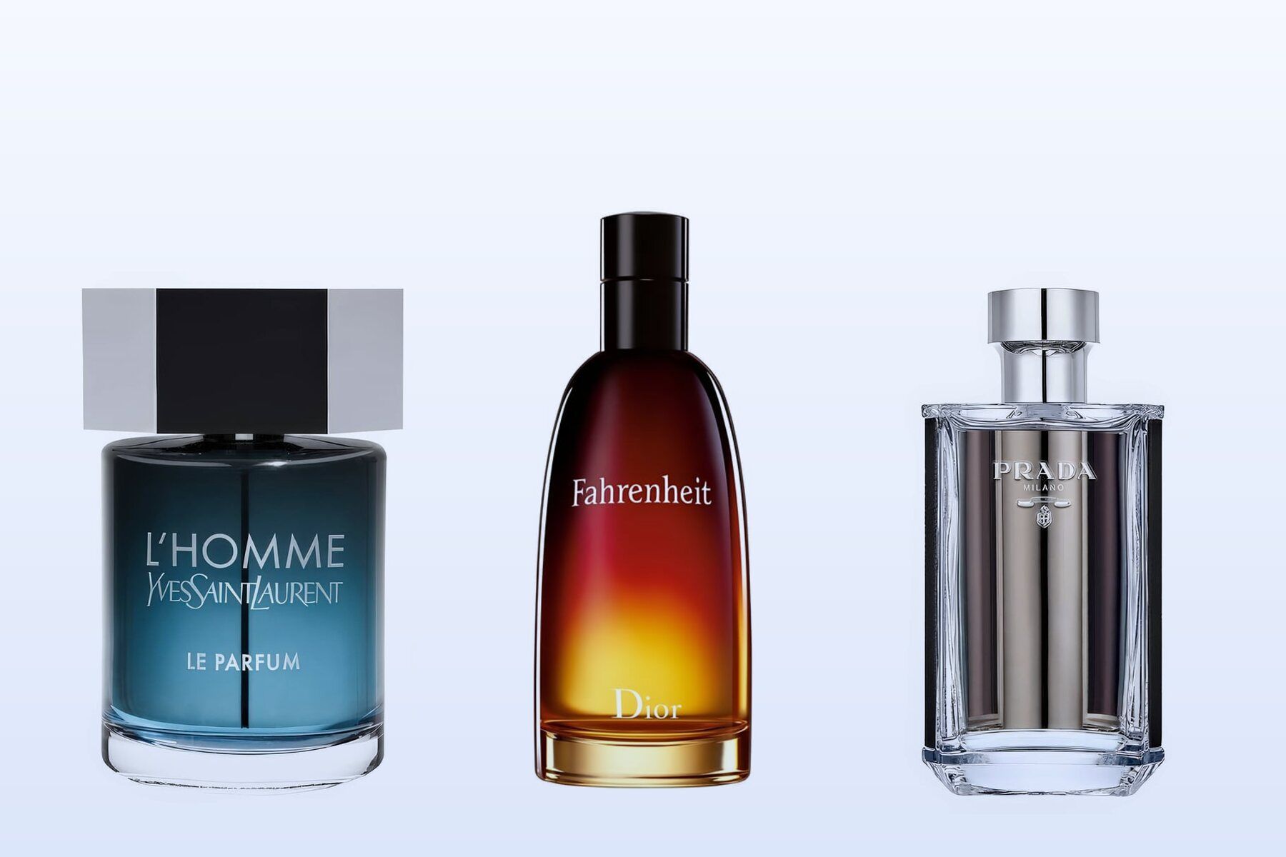L'Homme Le Parfum by Yves Saint Laurent, Fahrenheit by Dior and Prada L'Homme on a pale blue background