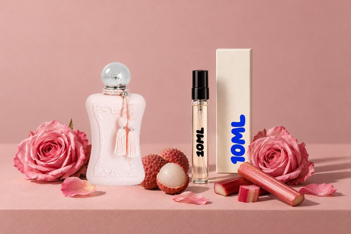 Delina de Parfums de Marly junto a un decant de 10ML, con lichi, rosa y ruibarbo, sus notas clave