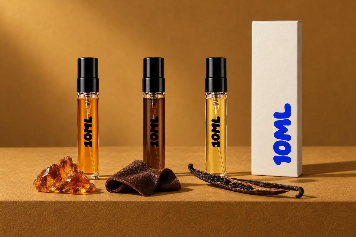 Three 10ML 3ml decants with amber resin, soft leather and a vanilla pod, the notes of the Clive Christian perfumes