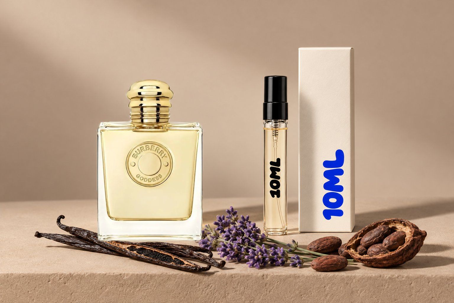 Burberry Goddess de Burberry junto a un decant de 10ML, con sus notas clave: vainilla, lavanda y cacao