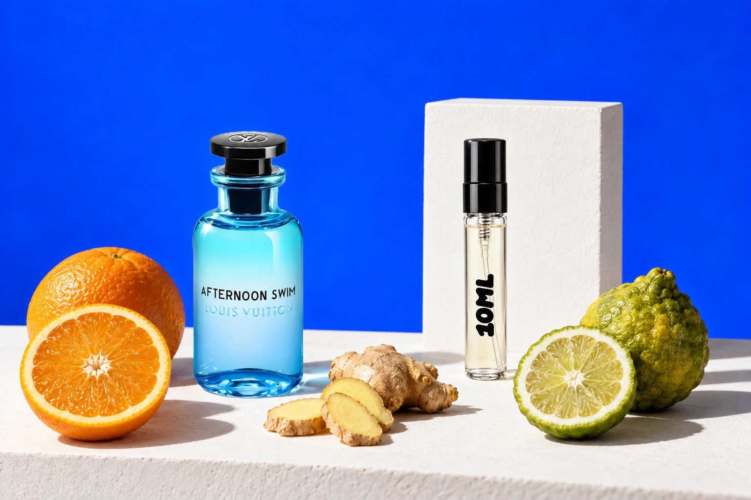 Afternoon Swim by Louis Vuitton next to a 10ML decant, with orange, ginger and bergamot, its key notes