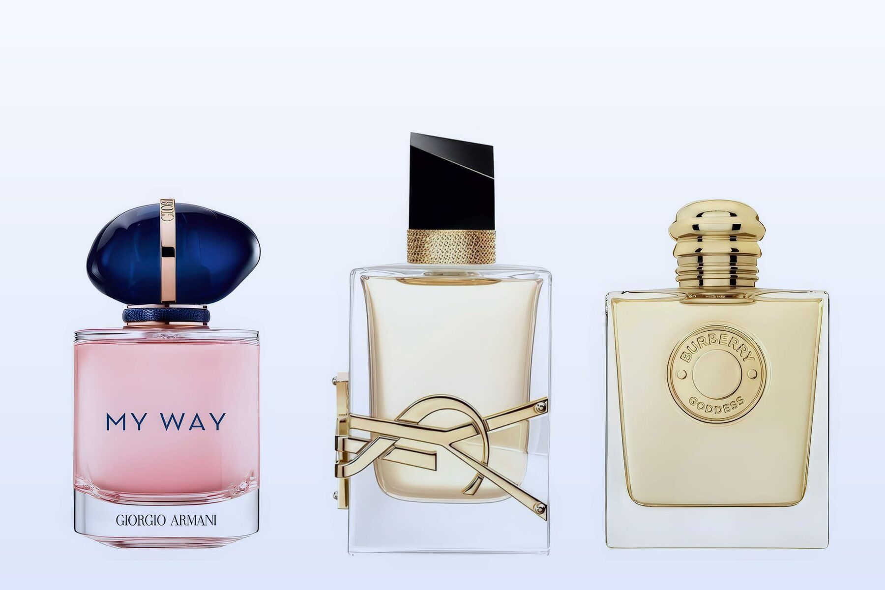 My Way, Libre and Goddess bottles on a pale blue background