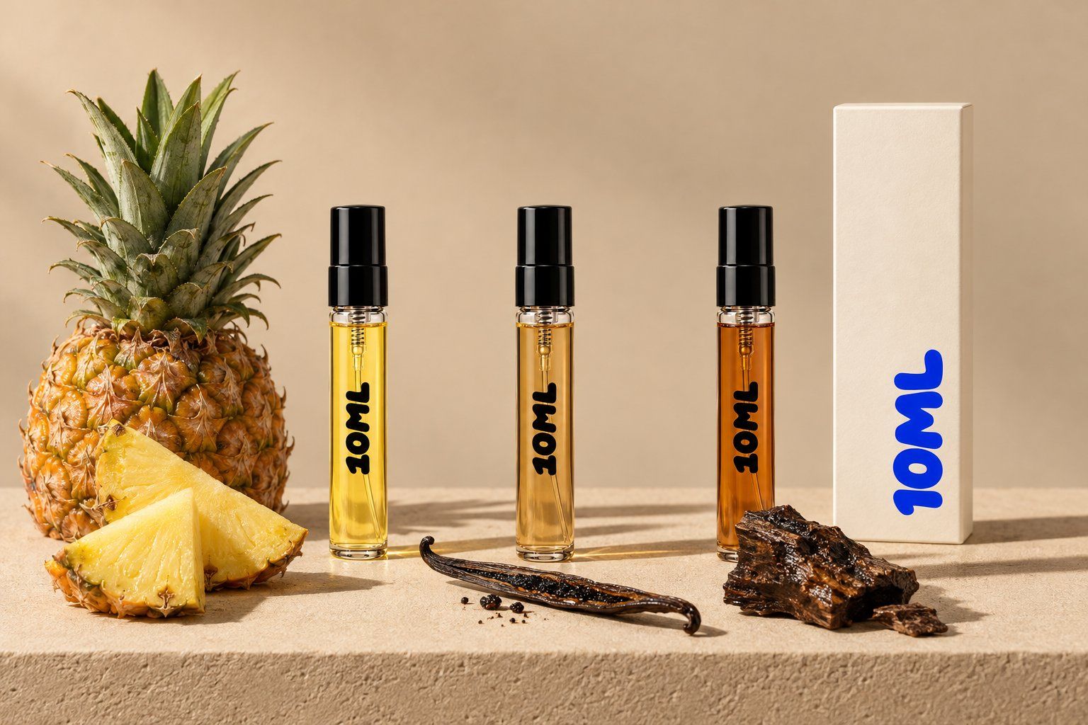 Three 10ML 3ml decants with a ripe pineapple, a vanilla pod and a chunk of agarwood, three notes from these Nishane perfumes