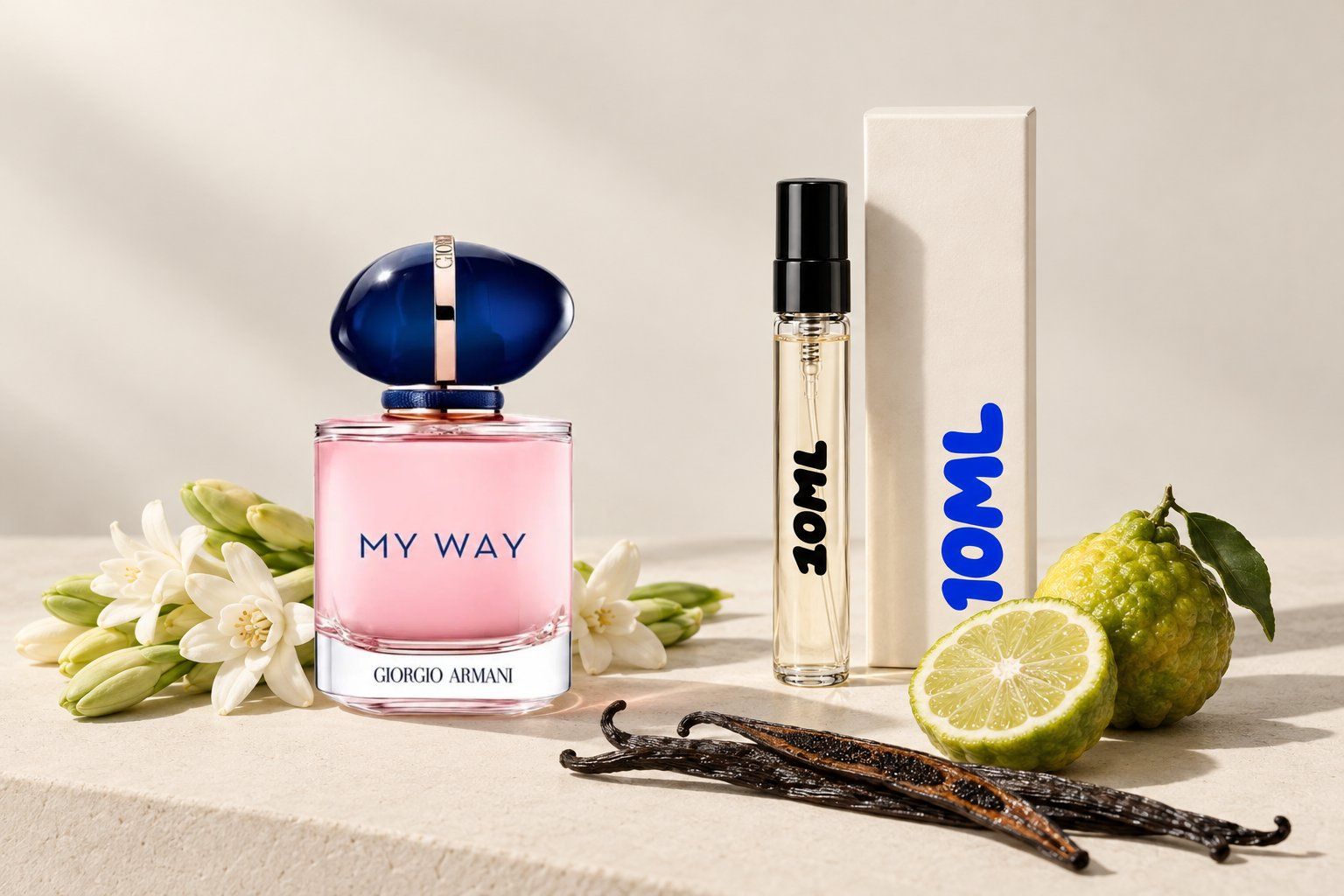 My Way van Giorgio Armani naast een 10ML-decant, met tuberoos, bergamot en vanille, de belangrijkste geurnoten