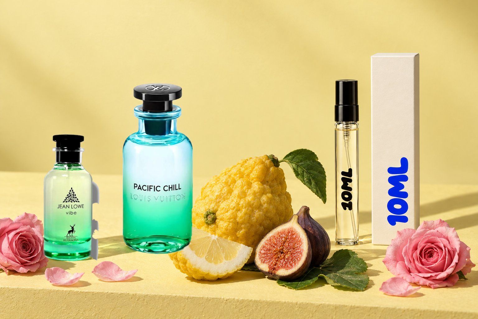 Pacific Chill by Louis Vuitton next to a 10ML decant, with citron, rose and fig, its key notes