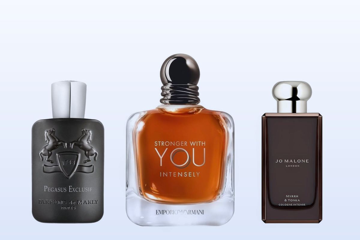 Three bottles on a pale blue background, Pegasus Exclusif, Stronger With You Intensely and Myrrh & Tonka