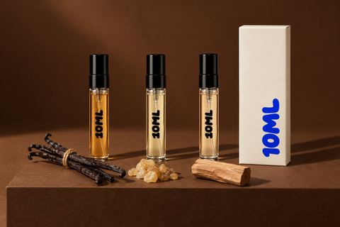 Tres decants 10ML de 3ml de fragancias ámbar cálido y doradas, con vainas de vainilla, resina de incienso y un trozo de madera de sándalo