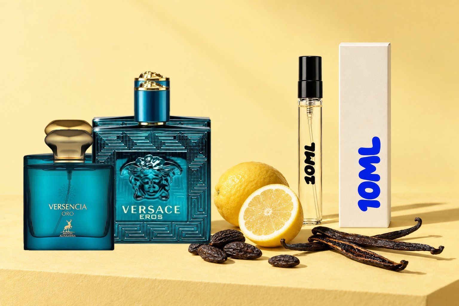 Eros by Versace next to a 10ML decant, with lemon, tonka bean and vanilla, its key notes