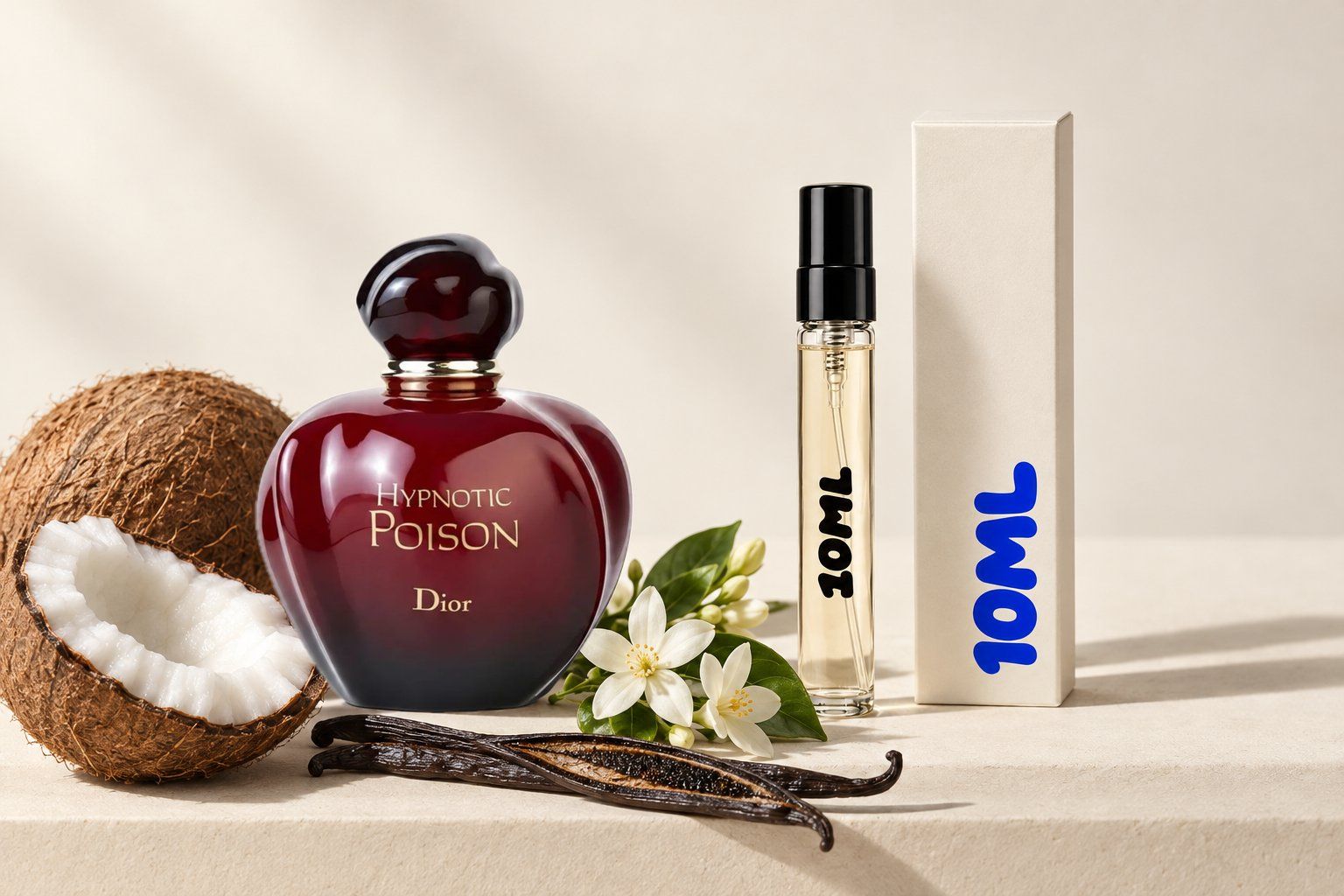 Hypnotic Poison de la Dior lângă un decant 10ML, cu notele principale: nucă de cocos, iasomie și vanilie