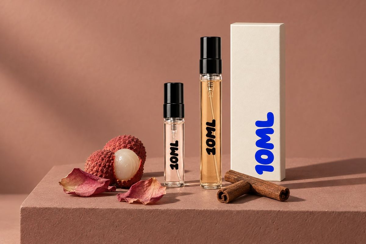 A 10ML 3ml decant and a 10ML 10ml decant beside the 10ML box, with rose petals, cinnamon sticks and litchis