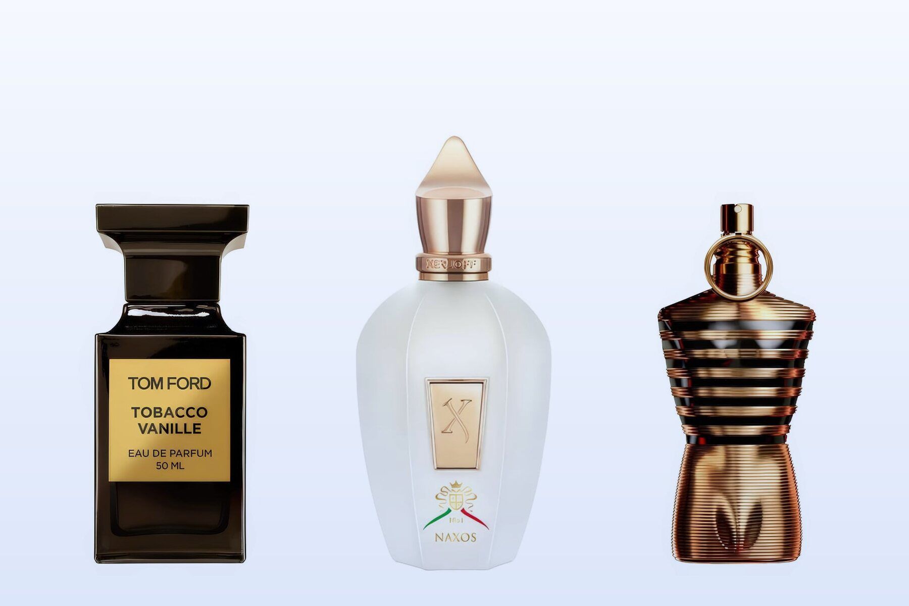 Tom Ford Tobacco Vanille, Xerjoff XJ 1861 Naxos and Jean Paul Gaultier Le Male Elixir on a pale blue background