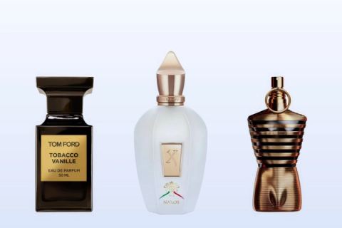 Tom Ford Tobacco Vanille, Xerjoff XJ 1861 Naxos and Jean Paul Gaultier Le Male Elixir on a pale blue background
