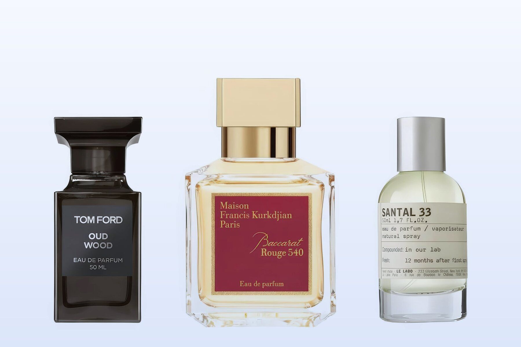 Three fragrance bottles, Oud Wood, Baccarat Rouge 540 and Santal 33, on a pale blue background