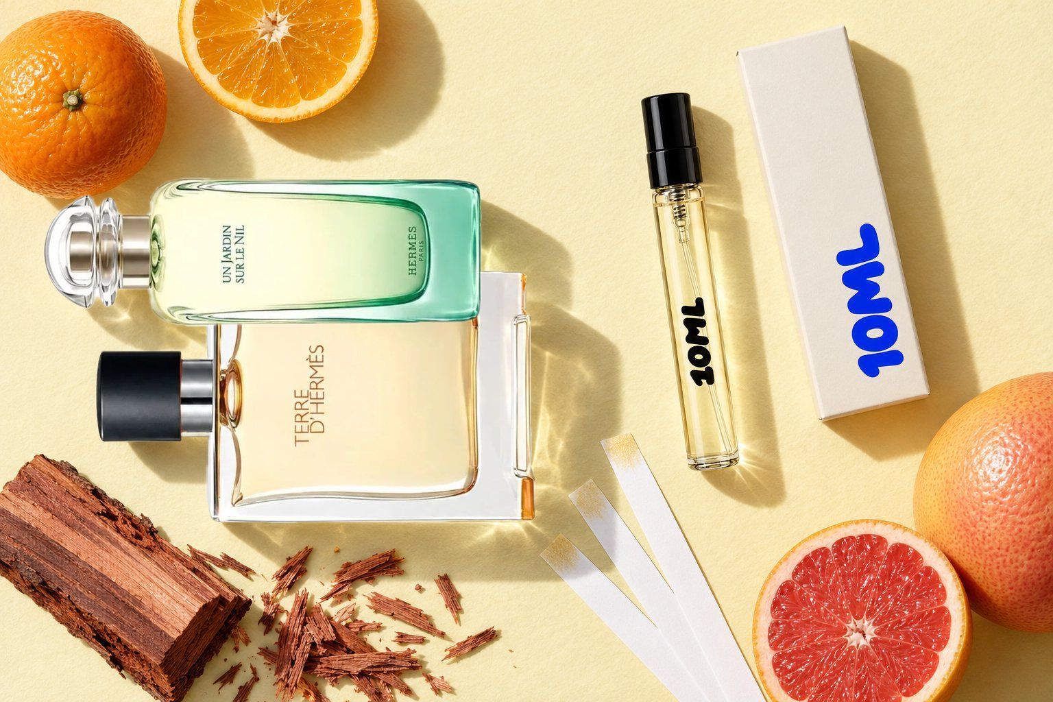 Terre d'Hermès en Un Jardin sur le Nil van Hermès naast een 10ML-decant, met sinaasappel, cederhout en grapefruit, de belangrijkste geurnoten van Terre d'Hermès
