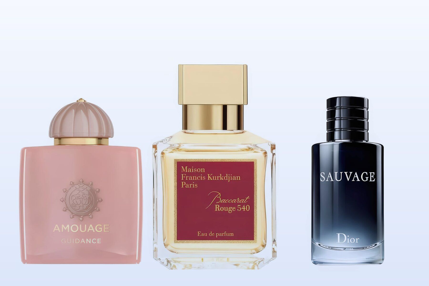 Three fragrance bottles, Guidance, Baccarat Rouge 540 and Sauvage, on a pale blue background