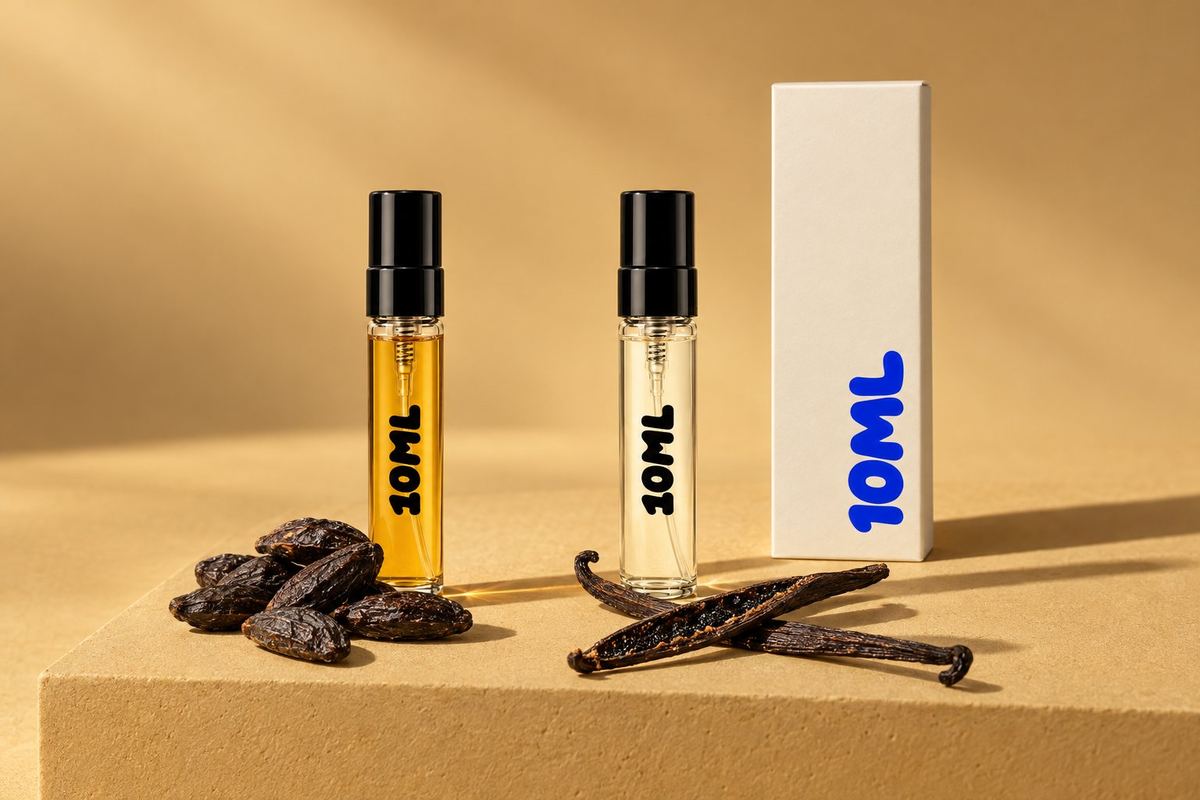 Two 10ML 3ml decants, one amber with tonka beans and one ivory with vanilla pods, the two warm notes this guide compares