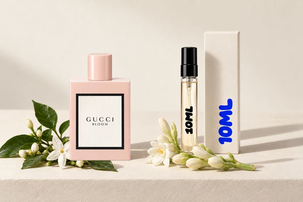 Gucci Bloom by Gucci next to a 10ML decant, with jasmine and tuberose, its key notes